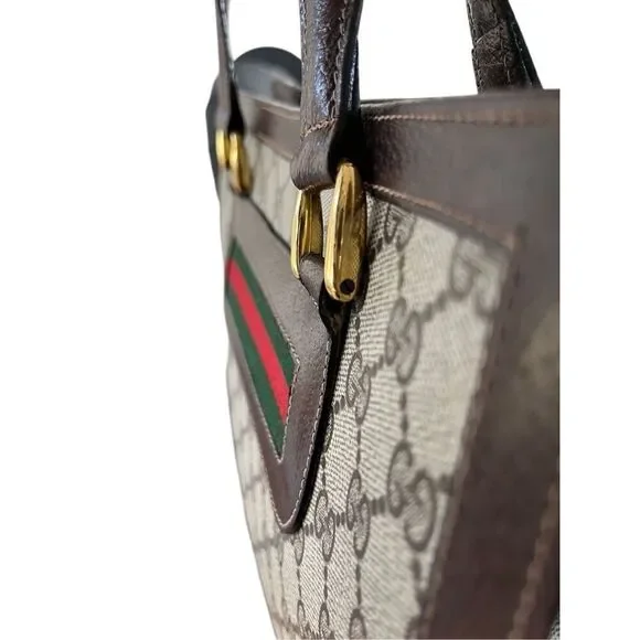 Vintage GUCCI Sherry Tote Wrist Handle Bag Purse GG Logo Brown Leather Authentic - Picture 9 of 16